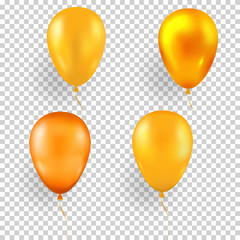 Set of yellow balloons in different shades and a glossy golden balloon on a transparent background. Glossy realistic birthday ball.Vector