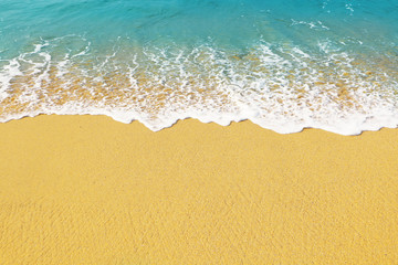 Beach background for design. Turquoise wave with white foam on the hot golden sand of a beautiful beach.