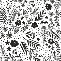 Modern floral vector pattern. Hand drawn flowers and leaves in doodle style. Graphic monochrome black and white seamless background. 