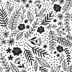 Fototapete Schwarz-weiß Modernes florales Vektormuster. Handgezeichnete Blumen und Blätter im Doodle-Stil. Grafischer einfarbiger nahtloser Schwarzweiss-Hintergrund.