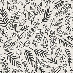 Naklejka na ściany i meble Hand drawn plants, branches, leaves seamless pattern. Vintage romantic vector background. 