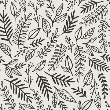 Hand drawn plants, branches, leaves seamless pattern. Vintage romantic vector background. 