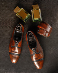 Composition of a pair of men's shoes of brown color, two bottles of men's perfume and men's trouser belt against the background of black python leather top view