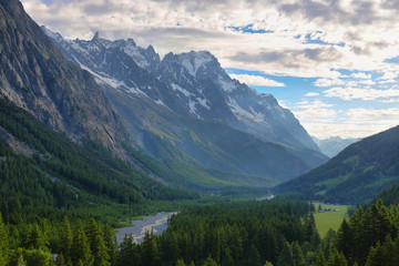 View of The Dent du Geant and other mountains from Notre-Dame de Guérison Sanctuary, Aosta valley, Italy