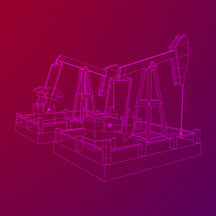 Oil well rig jack. Finance economy polygonal petrol production. Petroleum fuel industry pumpjack derricks pumping drilling. Wireframe low poly mesh vector illustration