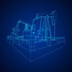Oil well rig jack. Finance economy polygonal petrol production. Petroleum fuel industry pumpjack derricks pumping drilling. Wireframe low poly mesh vector illustration