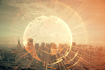 Double exposure of social network theme drawing and cityscape background. Concept of people connecton.