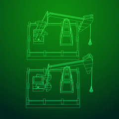 Oil well rig jack. Finance economy polygonal petrol production. Petroleum fuel industry pumpjack derricks pumping drilling. Wireframe low poly mesh vector illustration