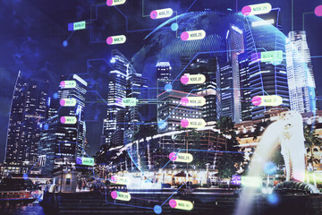 Data theme hologram drawing on city view with skyscrapers background multi exposure. Ai concept.