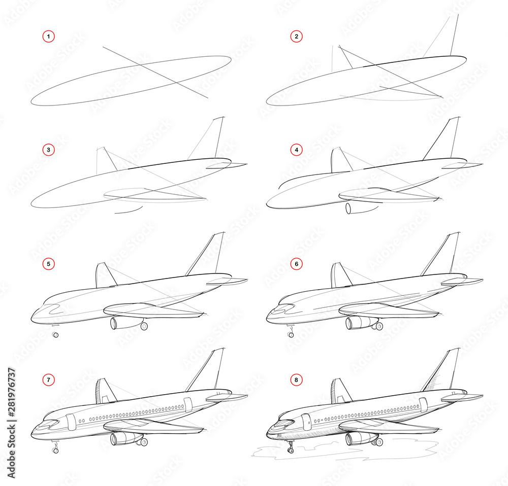 Wall mural creation step by step pencil drawing. page shows how to learn draw sketch of modern passenger aircra