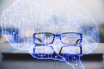 Brain drawings with glasses on the table background. Double exposure.