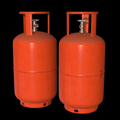 Gas cylinder lpg tank gas-bottle. Propane gas-cylinder balloon. Cylindrical container with liquefied compressed gases with high pressure and valves 3d render on black background
