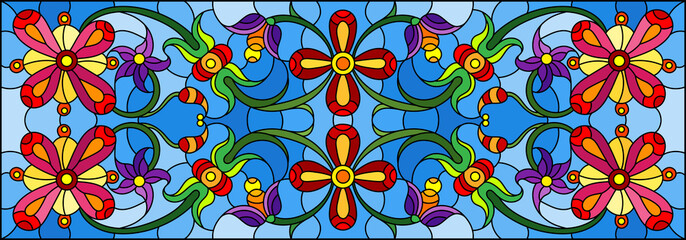 Illustration in stained glass style with abstract  swirls,flowers and leaves  on a blue background,horizontal orientation