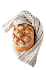 rye bread on a kitchen towel isolated on white background