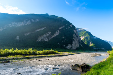 Beautiful mountain landscape. Fast mountain river in the mountains of the Caucasus. Georgia