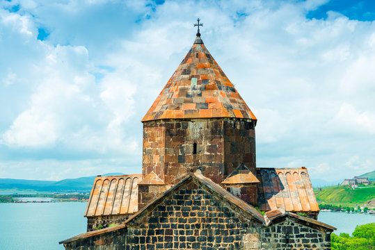 On a sunny day, view of the sight of Armenia Monastery Sevanavank on Lake Sevan