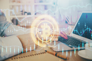 Blockchain theme hud with man working on computer on background. Concept of crypto chain. Double...