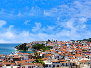 Fototapeta na wymiar Panoramic view of old town on Skiathos Island, Northen Sporades, Greece