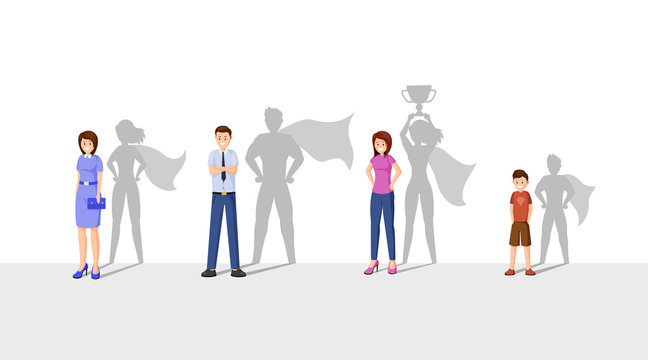 Best leaders flat vector illustration. Happy people with superhero shadow, cheerful man, women and kid cartoon characters. Ambitious, strong, courageous people, superheroes with cape