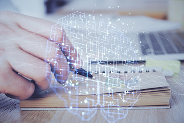 Haman brain multi exposure icon with man hands background.