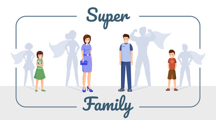 Super family vector banner template. Smiling family, excellent mother, father and kids with superhero shadow cartoon characters in frame. Successful people, happy son and daughter © Pavlo Plakhotia