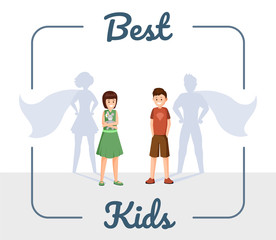 Best kids flat vector illustration. Excellent children, smiling son and daughter with superhero shadow cartoon characters in frame. Ambitious, successful and confident teenagers social media post