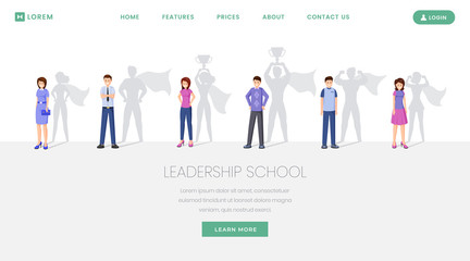 Leadership school landing page vector template. Training, seminars for leaders development website, webpage. Motivated people, man and woman with superhero shadow cartoon characters