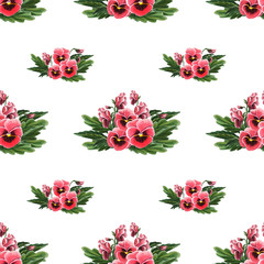 Seamless pattern with bright Pansies isolated on white background.