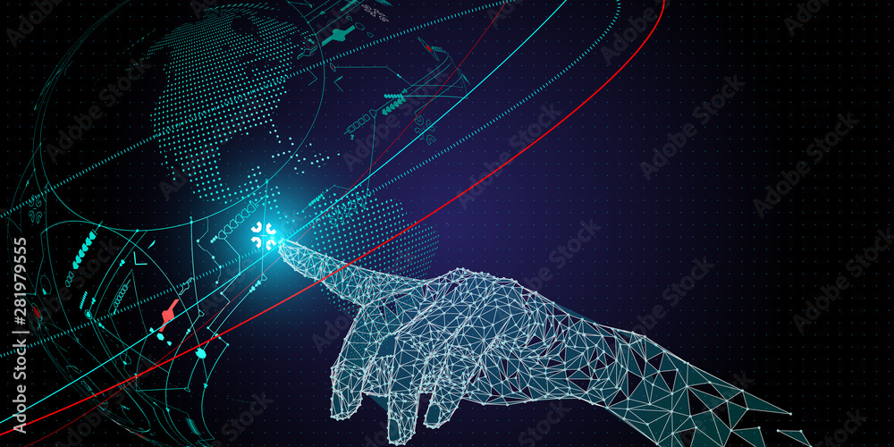 Poster Low polygon Hand touching Telecommunication network and wireless mobile internet technology  with 5G LTE data connection of global business, fintech, blockchain.