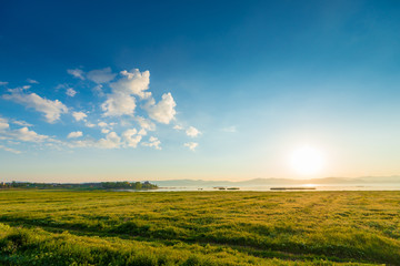 Morning, in the frame field and Lake Sevan, a picturesque landscape of Armenia