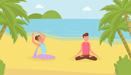 Obraz na płótnie Canvas Yoga exercises flat vector illustration. Man and woman doing yoga on beach, meditating guy and girl in triangle pose cartoon characters. Satisfied wife and husband relaxing on vacation