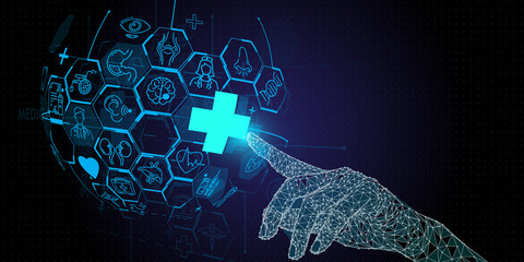 Low polygon Doctor hands with stethoscope and FUi icon medical in hospital with medical technology network concept.