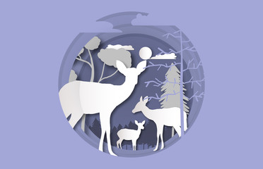 paper cut of deer family in winter season
