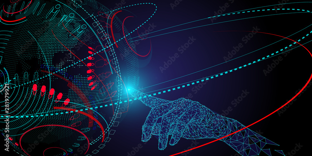 Aufkleber Low polygon Hand touching Telecommunication network and wireless mobile internet technology  with 5G LTE data connection of global business, fintech, blockchain.
