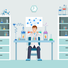 Lab worker doing test vector illustration. Male chemist, researcher mixing liquids in test tubes cartoon character. Scientist, pharmacologist creating experimental substance, medication in laboratory