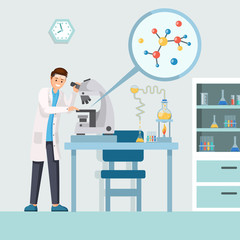 Researcher with microscope vector illustration. Cartoon male scientist studying test results, molecule structure in microscope. Pharmacologist analyzing bacteria, virus structure using lab equipment