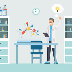 Researcher having idea vector illustration. Cartoon scientist, creative chemist modeling innovative chemical formula. Lab worker planning scientific experiment, new medication discovery