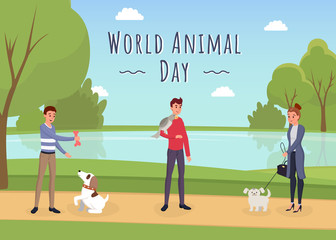 World animal day vector banner template. Female cat lover, male dog owner playing with pets in park cartoon characters. Young man with parrot on shoulder, volunteer enjoying fresh air in countryside