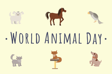 International animal day vector template. Cartoon cats, dogs, horse, parrot isolated illustrations. Celebrating pets protection event, wildlife conservation occasion poster design layout