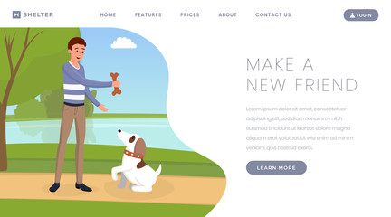 Dog shelter vector landing page template. Pet owner, volunteer playing with cute puppy outdoors cartoon character. Kennel, lost, abandoned animals adoption center website page design layout