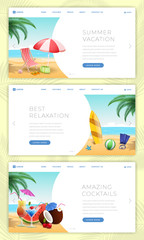 Summer vacation landing pages set. Calm seaside rest, active water sports, outdoor activities. Amazing summertime desserts, snacks, cocktails and beverages website page design layouts