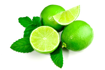 Natural fresh lime and mint isolated on white background