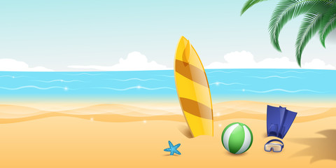 Fototapeta na wymiar Summertime water sports vector illustration. Scuba diving flippers, snorkelling goggles on sandy beach. Extreme water sports, surfing equipment on blue sea waves and palm trees background