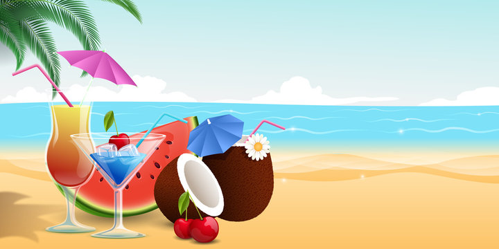 Summertime food, drinks vector illustration. Sweet fruit desserts, watermelon slice and cherries. Summer cocktails, pina colada, vermouth in professional bar glassware on sandy beach