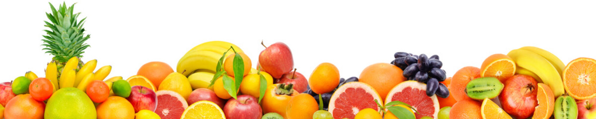 Fruits isolated on white background. Panoramic collage. Wide photo with free space for text.