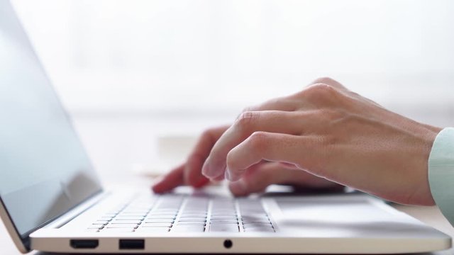 Woman freelancer work on laptop at home-office. Close up of female hands typing on keyboard. Angry businesswoman write business letter and punch table with fist. Concept of failure. Dolly shot