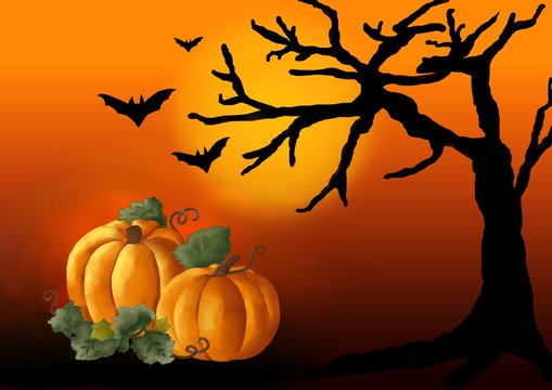 halloween background with pumpkins, black tree, bats and yellow full moon. Digital hand painting and drawing.