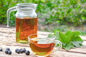 Tea in a glass cup with green leaves of black currant on a wooden table near a glass kettle on a background of green grass.