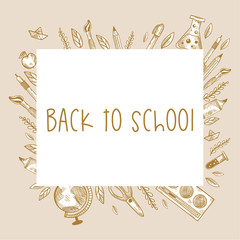 Back to school. Phrase in frame with hand drawn school elements on check paper with brown background. Doodles of school supplies, pencil, paints, brushes, globe, paper ship, apple