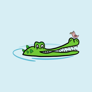 Happy crocodile in swamp with a cute bird to eat. Crazy sketch childish cartoon vector illustration. Isolated on blue water background.